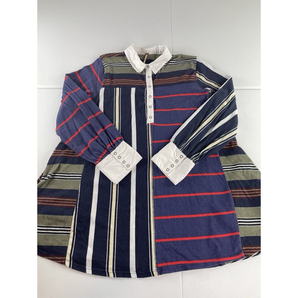 Free People Rugby Shirt Dress Size Large Patchwork Long Sleeve Pockets Short